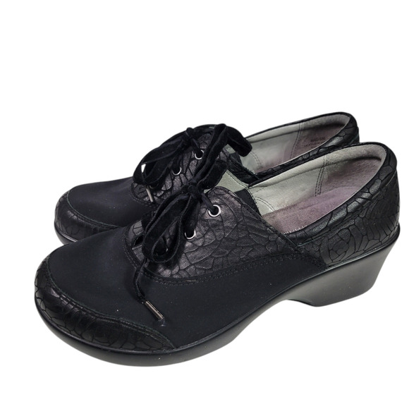 Alegria Madi Floral Notes Black Lace Up Shoes Leather Comfort Wedge Neoprene 8.5 - Picture 1 of 13